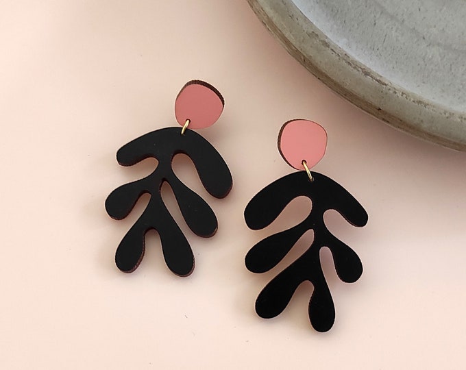 Matisse Inspired Wooden Drop Earrings, Black and Pink Earrings, Art Inspired Jewelry, BK78