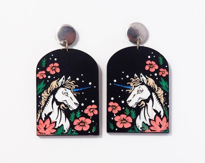 Unicorn Drop Earrings, Unicorn Earrings, Unicorn & Flowers, Animal Earrings, Horse Earrings, Boho Earrings, Gift for Her, Eco friendly BK140