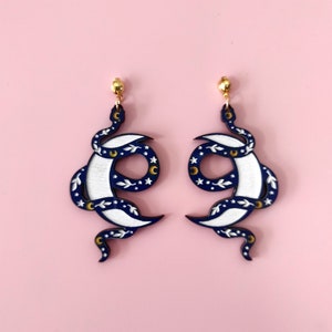 Navy Blue Snake with Moon Drop Earrings, Wood Jewelry, Snake Earrings, Tropical Dangle Earrings, Boho Earrings, Eco friendly NB01