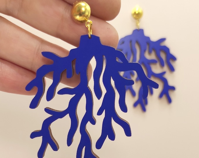 Blue Coral Branch Drop Earrings, Statement Earrings, Lightweight Earrings, Elegant Earrings, Wooden Earrings, Eco friendly