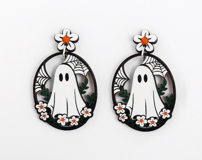 Ghost With Flowers Dangle Earrings, Halloween Ghost Earrings