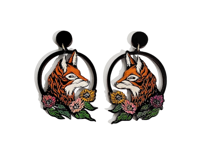 Fox Drop Earrings, Fox Earrings, Fox and Flowers Earrings, Wooden Earrings, Colorful Earings, Unique Elegant Earrings,