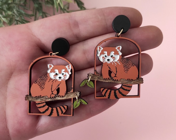 Red Panda Earrings: Hand-Painted Wooden Drop Earrings