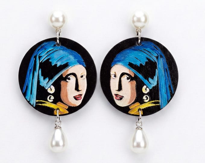 Girl with a Pearl Earring Inspired Handmade Wooden Earrings