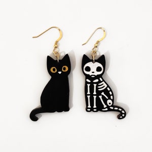 Halloween Skeleton Cat, Black Cat Dangle Earrings, Hand Painted Earrings, Black Cat Earrings, Cat Earrings, Wooden Earrings, BK80