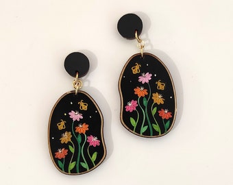 Flowers Earrings, Flowers and Bees Jewelry, Floral Drop Earrings, Boho Jewelry, Gift for Her, Botanical Earrings, Colorful Earrings, BK82