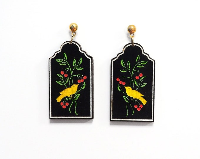 Yellow Bird on Cherry Tree Εarrings, Bird Jewelry, Yellow Bird Drop Earrings, Cherry Tree Earrings, Nature Theme Earrings, Unique Earrings