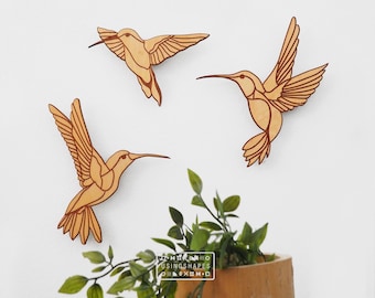 Wooden Hummingbird Wall Art: Boho Minimalist Decor, Set of 3