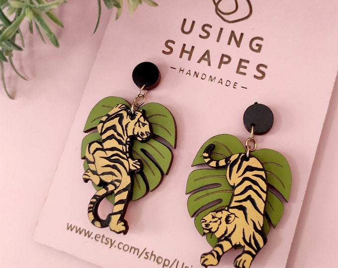 Tiger Earrings with Monstera Leaf – Wild Animal Drop Earrings, Yellow Tropical Earrings, Boho Style, Eco-Friendly Gift for Her