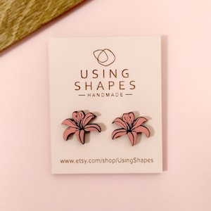 Lilies Flower Stud Earrings, Pink Flowers Earrings, Flowers Jewelry, Wooden Jewelry, Handmade Earrings, SPK07