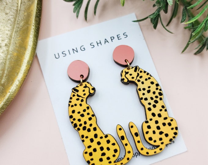 Cheetah Earrings, Leopard Earrings, Big Cat Earrings, Wild Animal Jewelry, Statement Earrings, Yellow Earrings, Eco friendly