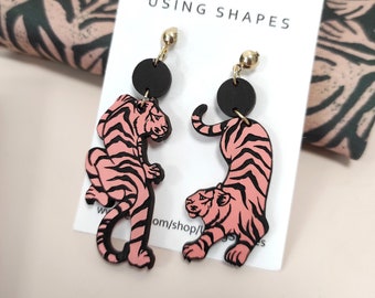Pink Tiger Drop Earrings, Laser Cut Birch Wood, Wild Animal Dangle Earrings