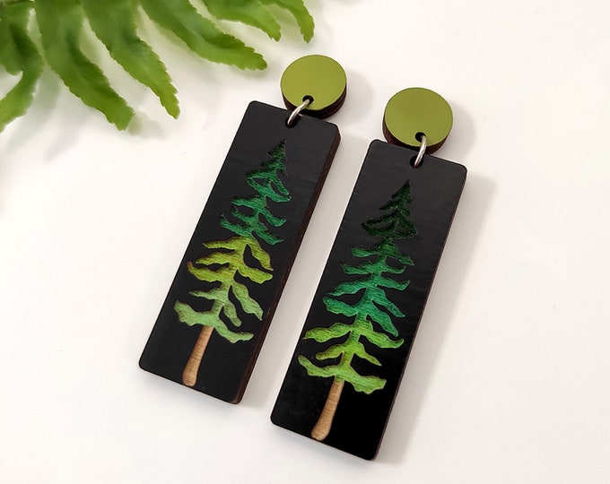 Pine Tree Earrings, Engraved Wood, Pine Tree Dangle Earrings, Gift for Her, Nature Lover Gift, Tree Earrings, Forest Lover Gift, BK130