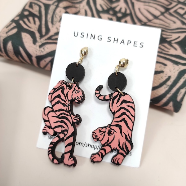 Pink Tiger Drop Earrings, Laser Cut Birch Wood, Wild Animal Dangle Earrings