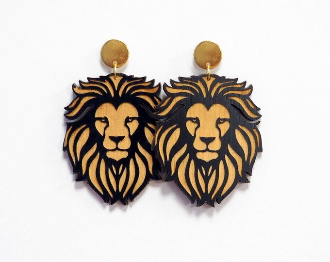 Lion Drop Earrings, Lion Earrings, Lion statement earrings, Gift for Her, Lion Wooden Earrings, Light Earrings, BK94