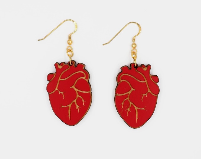 Human Heart Dangle Earrings, Anatomy Earrings, Red Earrings, Wooden Earrings, Gift for Her,  RD05