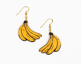 Banana Earrings, Sterling Silver Hooks, Tropical Fruit Jewelry