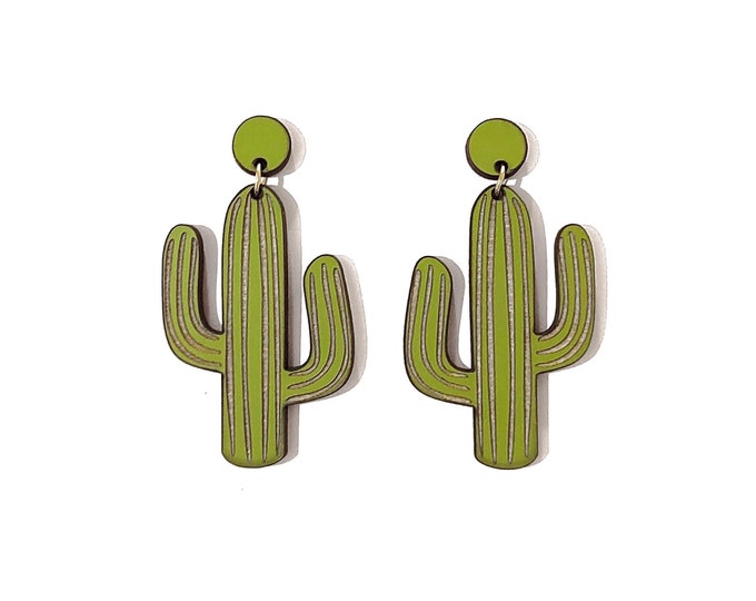 Green Cactus Earrings, Botanical Earrings, Wooden Earrings, Drop Earrings, Gift For Her, Desert Earrings, Cactus Dangle Earrings, GR07