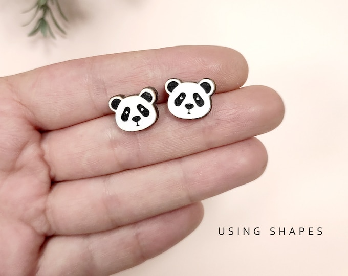 Panda Head Stud Earrings: Hand-Painted Birch Wood, Hypoallergenic