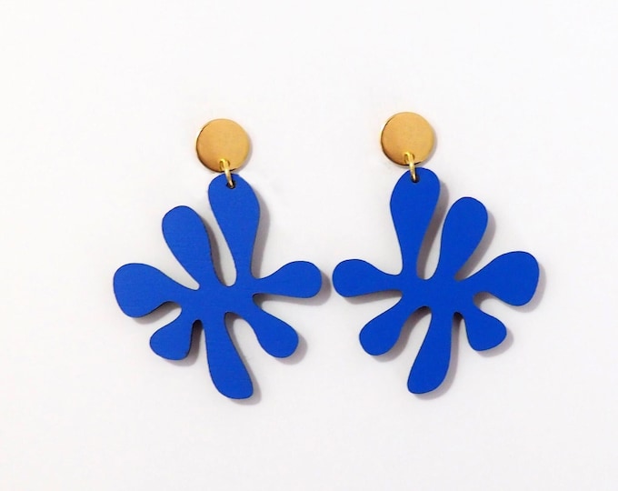 Henri Matisse Inspired Blue Wooden Earrings, Art Jewelry