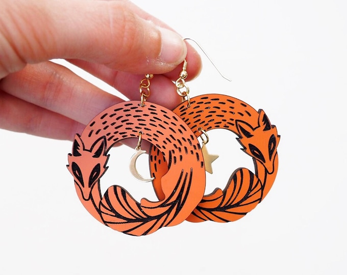 Curled Up Fox With Moon and Star Drop Earrings, Fox Earrings, Wooden Earrings, Fox Drop Earrings, Fox Dangle Earrings, Eco friendly, CL11
