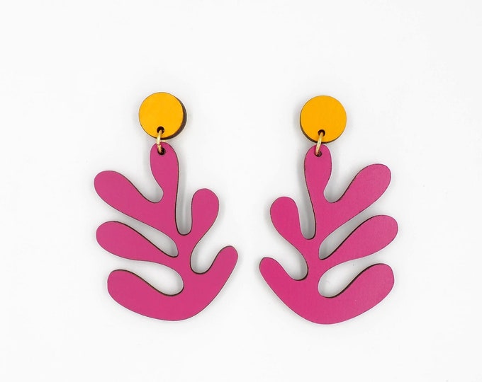 Henri Matisse Inspired Wooden Drop Earrings, Fuchsia and Yellow Earrings, Art Inspired Jewelry, Eco Friendly, Lightweight Earrings
