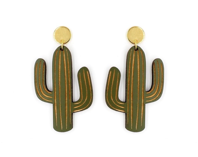 Green Cactus Earrings, Botanical Earrings, Wooden Earrings, Drop Earrings, Gift For Her, Desert Earrings, Cactus Dangle Earrings, GR07