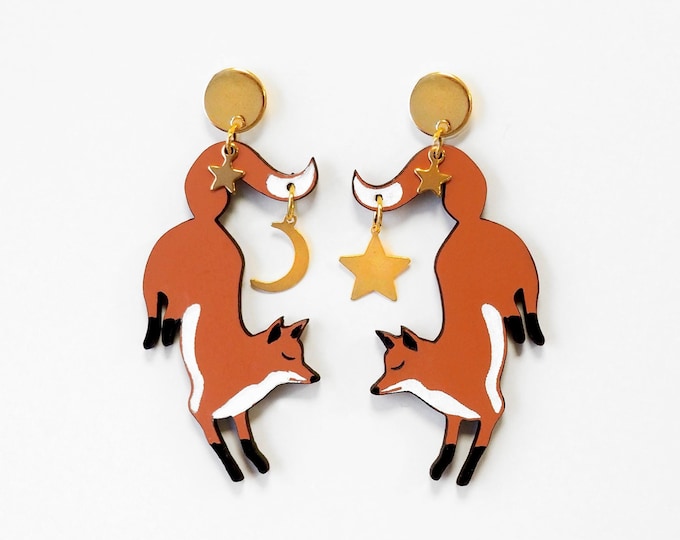 Fox With Moon and Star Drop Earrings, Fox Earrings, Wooden Earrings, Eco friendly CL05