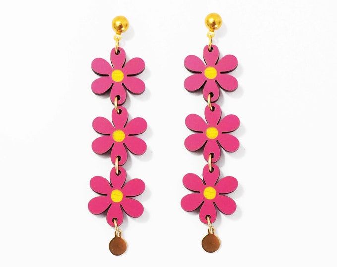 Fuchsia Flowers Long Drop Earrings, Flower Jewelry, Floral Earrings, Boho Jewelry, Spring Earrings, Eco friendly