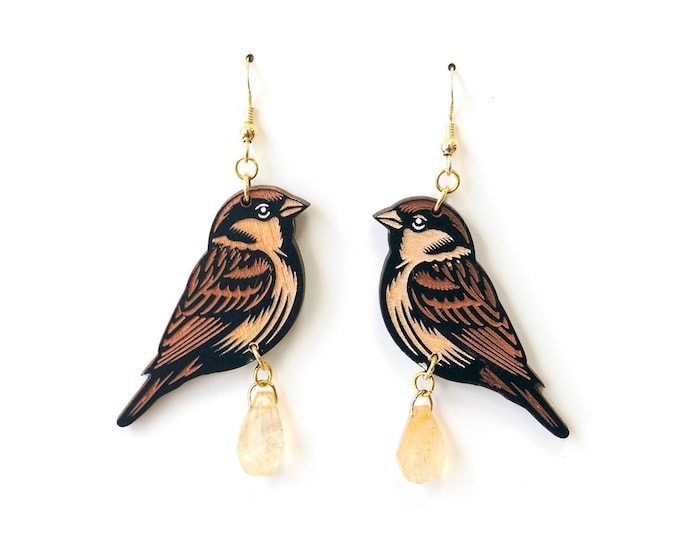 Sparrow Drop Earrings, Bird Jewelry, Dangle and Drop Earrings, Bird Earrings, Little Sparrow, Cute Sparrow, Sparrow Earrings