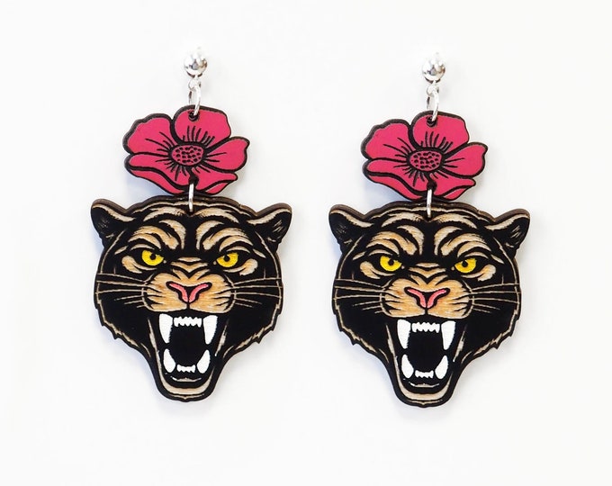 Black Panther Head with Flowers Earrings, Roaring Big Cat Earrings, Black Puma Earrings, Wooden Earrings, Wild Cat, Wild Animal