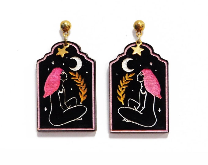Woman Looking at the Moon Drawing Earrings, Woman with Pink Hair, Dangle Drop, Moon Magic Earrings, Boho Jewellery, Mystical Earrings