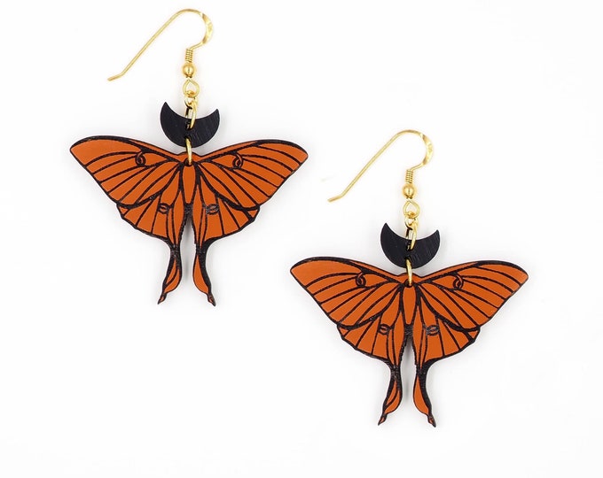 Moth with Moon Drop Earrings, Insect Earrings, Moth Jewelry, Moth Dangle Earrings, CL03