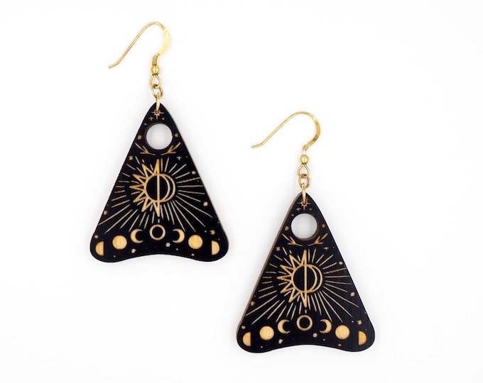 Ouija Drop Earrings, Ouija Planchette, Wood Earrings, Spirit Board, Planchette Dangle Earrings, Ouija Board, Wooden Witch Earrings, BK81