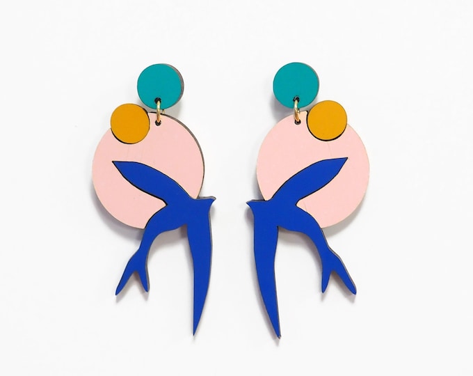 Bird Earrings, Matisse Inspired Drop Earrings, Blue and Pink Earrings, Art Inspired Jewelry, Wooden Earrings, Swallow Bird Earrings, BL08
