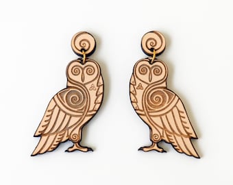 Ancient Greece Owl Earrings, Wooden Drop Earrings, Owl Jewelry