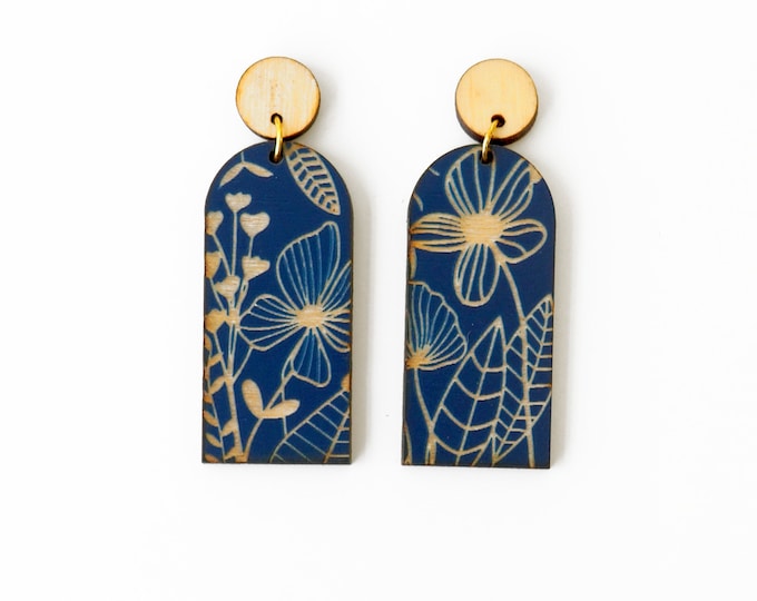 Wooden Floral Earrings, Engraved Blue Boho Drop Earrings, Lightweight Nature-Inspired Jewelry, Botanical Statement Earrings, Gift for Her