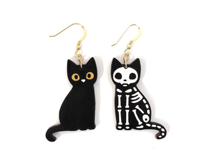 Skeleton Cat Earrings, Black Cat Dangle Earrings, Halloween Earrings, Hand Painted Earrings, Black Cat, Cat Earrings, Wooden Earrings, BK80
