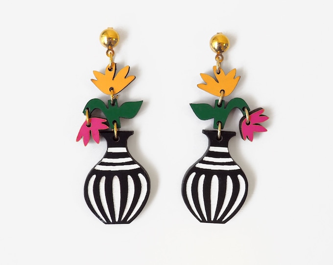 Flower in a Vase Drop Earrings – Handmade Wooden Floral Jewelry, Lightweight Statement Earrings, Nature-Inspired Gift for Her