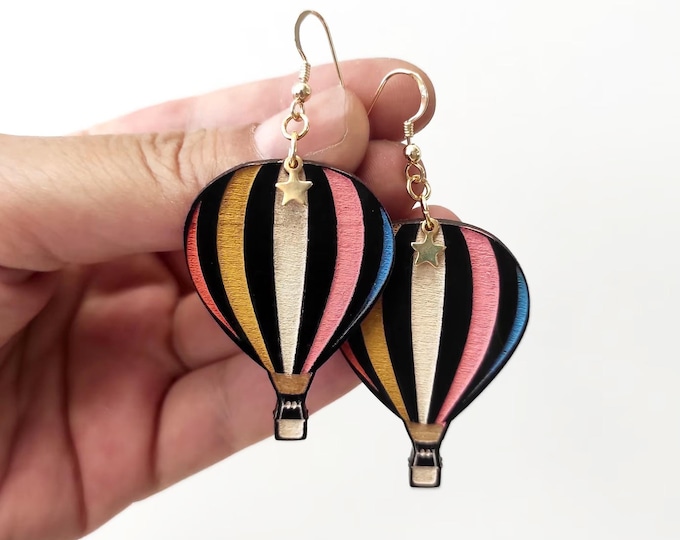 Hot Air Balloon Earrings, Balloon Earrings, Hot Air Balloon Jewelry, Gifts for Her dangle Earrings, Wooden Earrings, BK 149