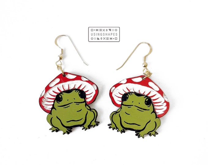 Green Frog with Red Mushroom Hat drop earrings, Mushrooms Drop Earrings, Mushroom frog, Mushroom Dangle earrings, Mushroom Earrings, GR13