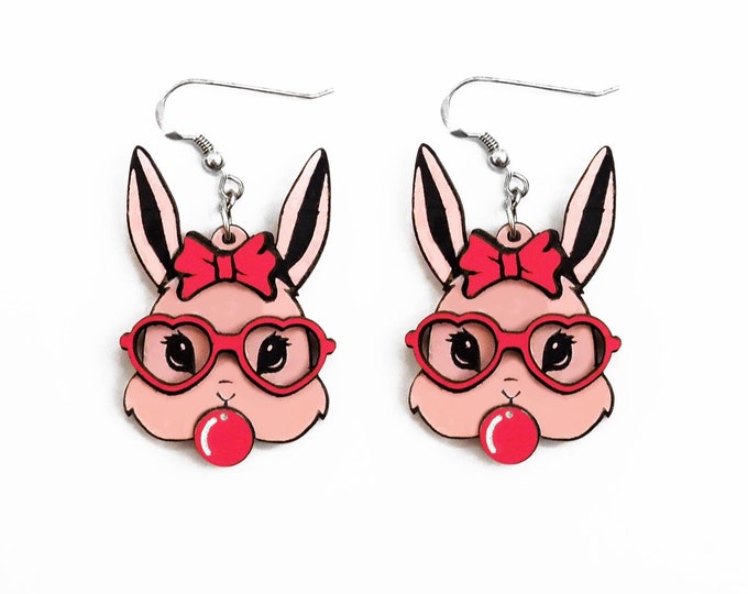 Pink Bunny With Glasses and Chewing Gum Dangle Earrings, Pink Earrings, Funny Earrings, Cute Earrings, Gift for Her, Eco friendly, PK25