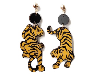 Tiger Drop Earrings, Tiger Earrings, Wild Tiger Earrings, Tropical Earrings, Boho Earrings, Yellow Tiger earrings, Gift for Her