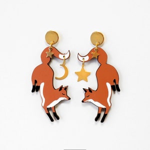 Fox With Moon and Star Drop Earrings, Fox Earrings, Wooden Earrings, Eco friendly CL05