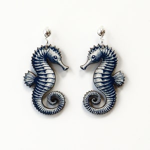 Seahorse Dangle Earrings, Wooden Jewelry, Handmade Sea Horse, Sea Life, Ocean Creature