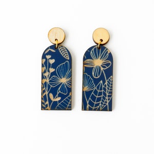 Engraved Wooden Floral Earrings: Blue Boho Botanical Jewelry