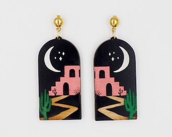 Desert Landscape Drop Earrings, Boho earrings, Drop earrings, Desert Jewelry, Night Sky, Cactus Earrings, BK44