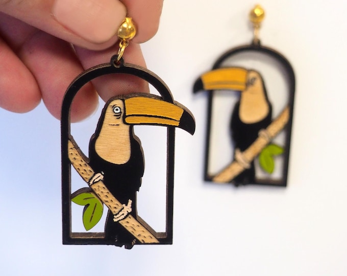 Toucan Bird Drop Earrings, Wood Jewelry, Tropical Earrings, Tropical Dangle Earrings, Eco friendly Jewelry
