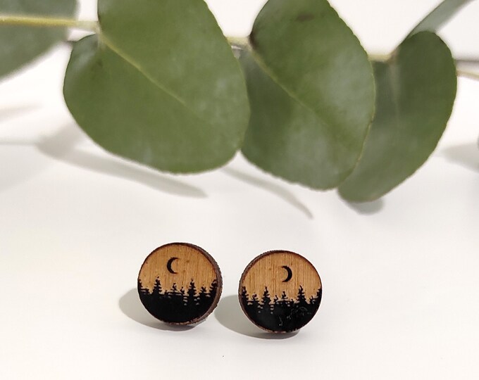 Forest at Night Stud Earrings, Tree Stud Earrings, Wooden Earrings, Round Boho Earrings, Natural Studs, Nature Jewelry, Eco friendly