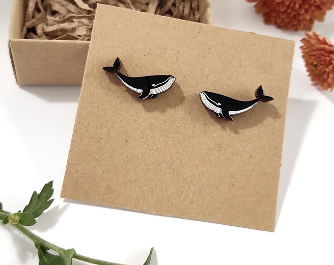 Whale Stud Earrings, Wooden Post Earrings, Sea Animal Jewelry, Hypoallergenic